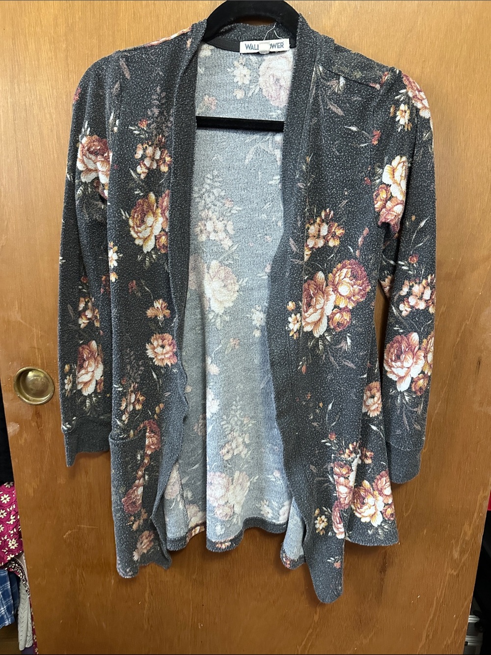 Wallflower Charcoal Floral Open-Front Cardigan with Pink & Cream Roses